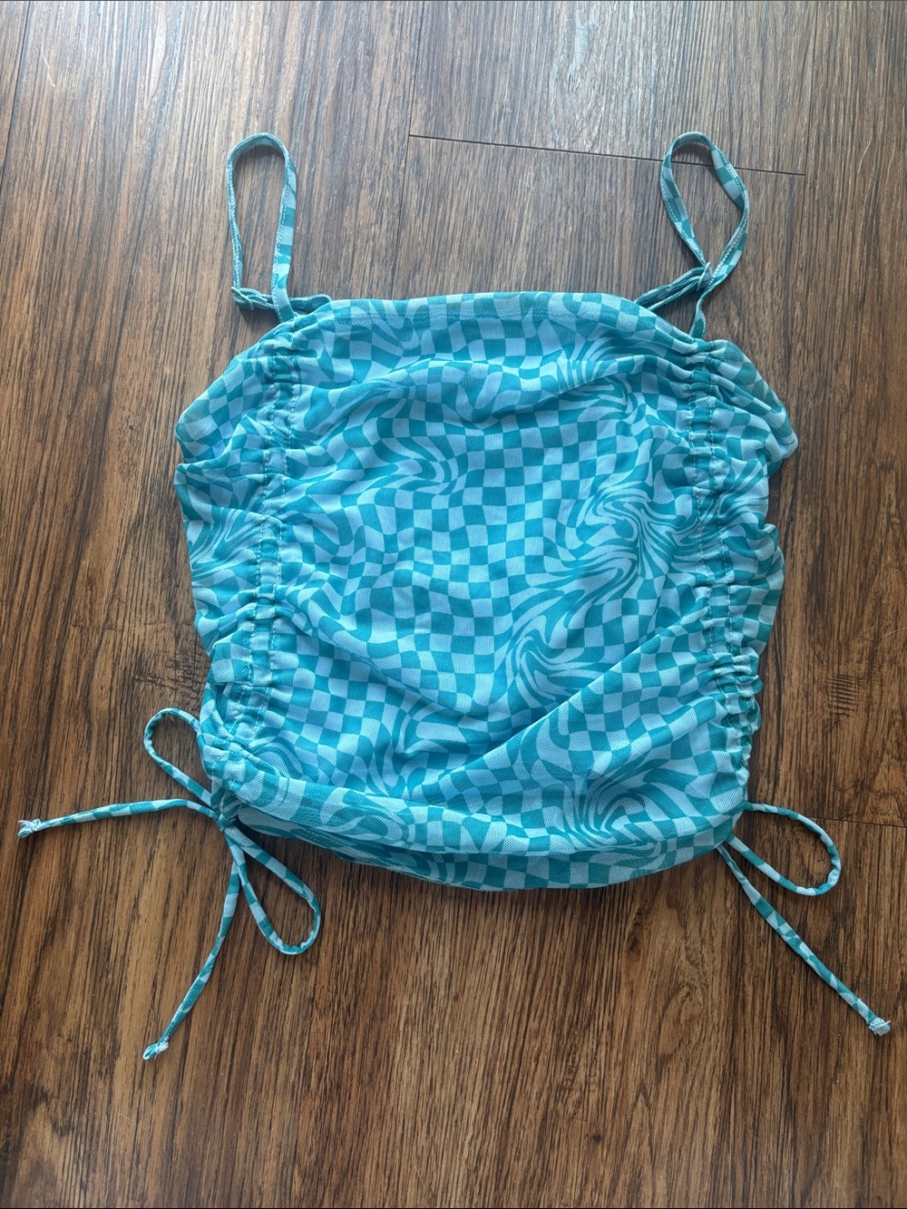 SO Teal Checkerboard Ruched Crop Top XS Y2K Wavy Check Cami Side Tie